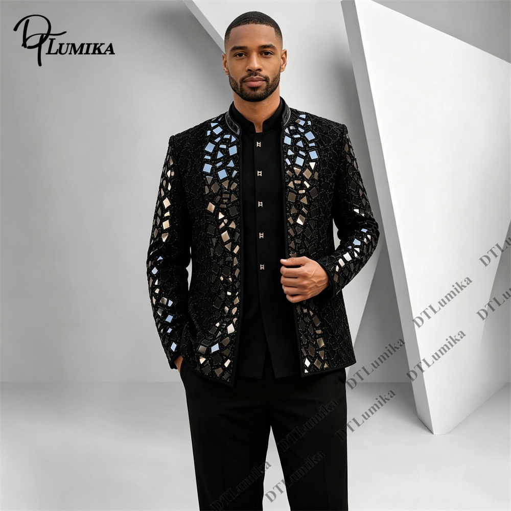 Embellish Knit - Setelan Jas Pria Kerah Mandarin Hitam