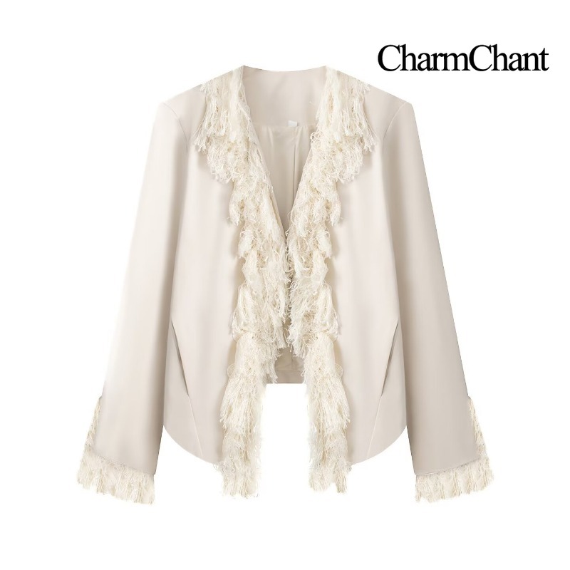 CHARMCHANT Blazer Wanita denga - Tassel Fringe Trim ulasan dan harga