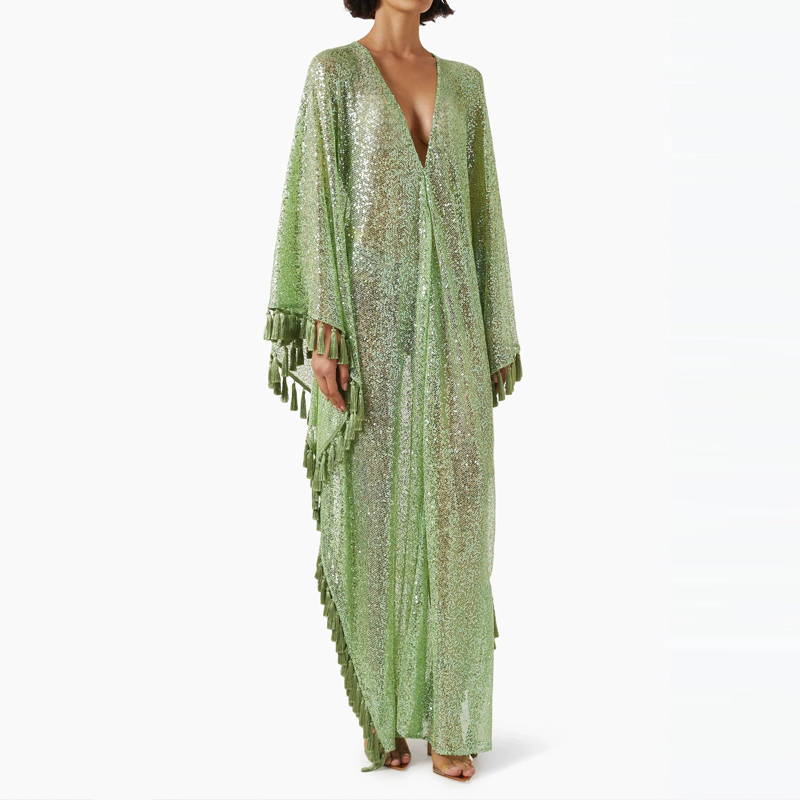 Gaun Robe Hijau Berpayet denga - Tassel Fringe Trim ulasan dan harga