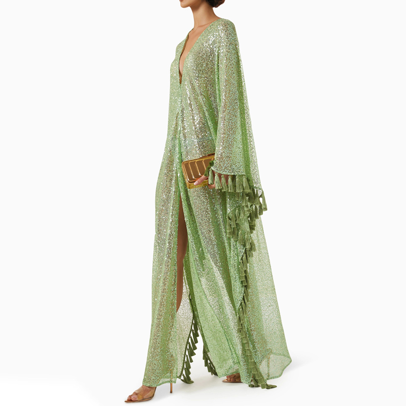 Gaun Robe Hijau Berpayet denga - Tassel Fringe Trim ulasan dan harga